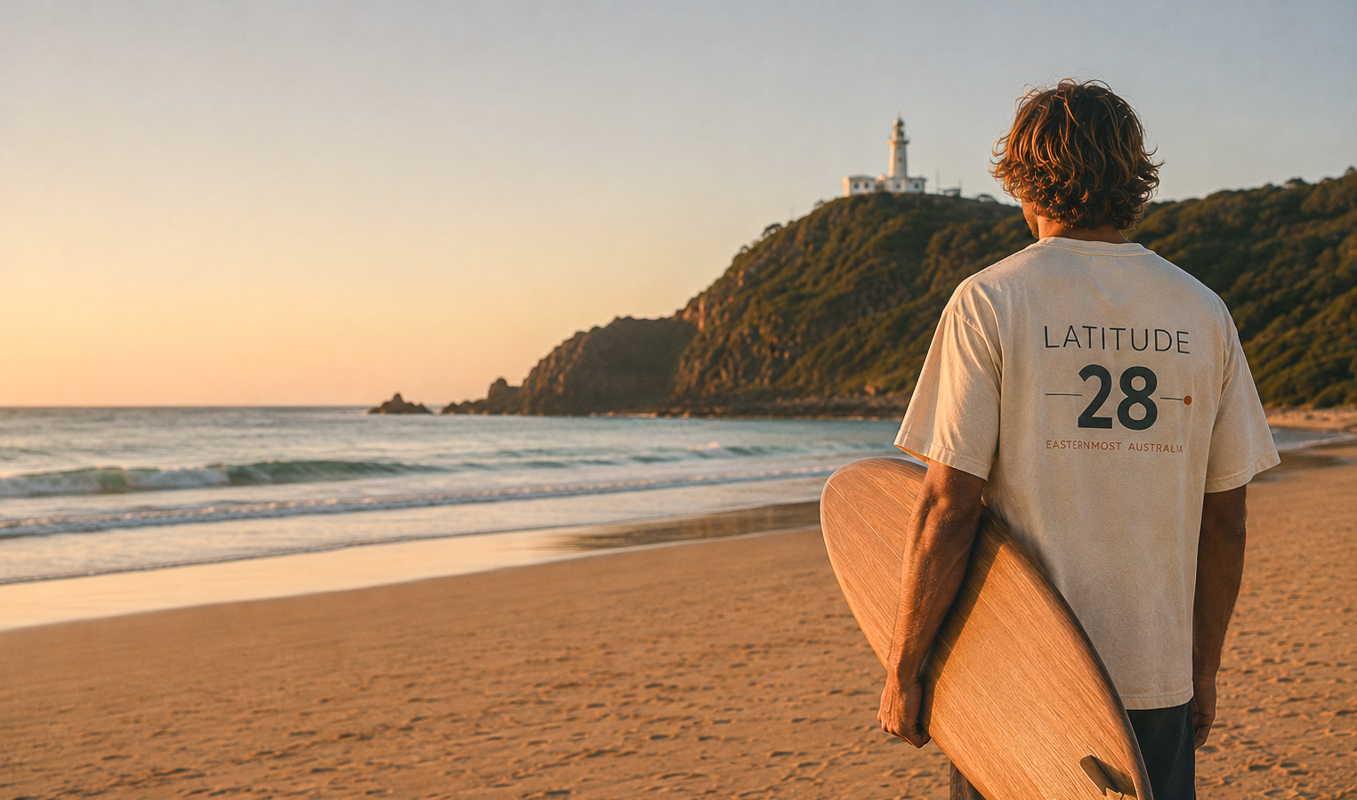 Latitude 28 cream tee, Byron Bay lighthouse in the background