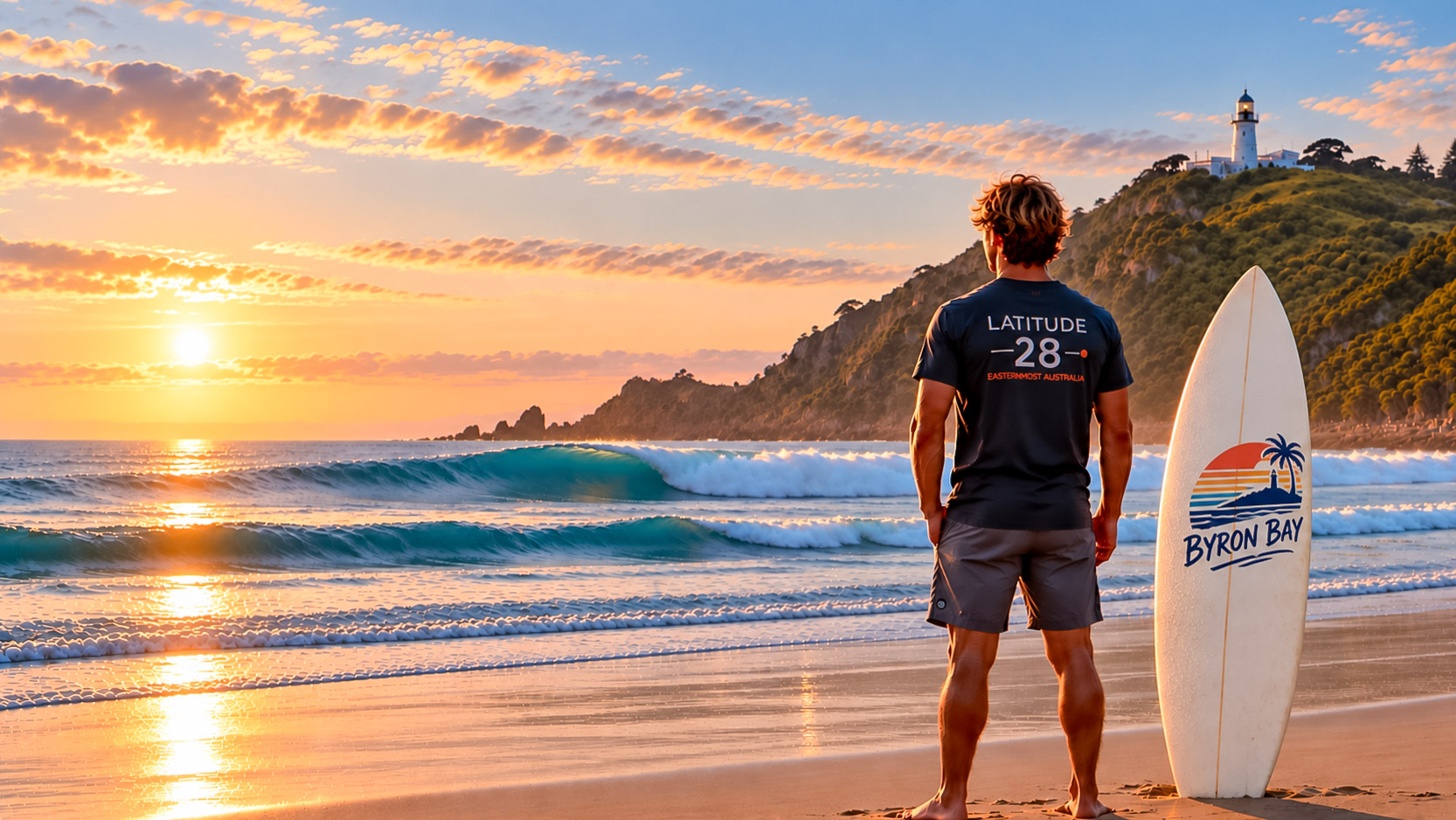 Latitude 28 cream tee, Byron Bay lighthouse in the background