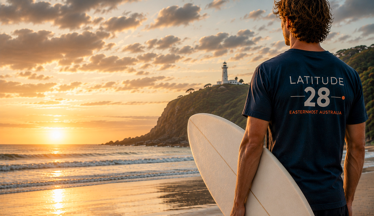 Latitude 28 cream tee, Byron Bay lighthouse in the background